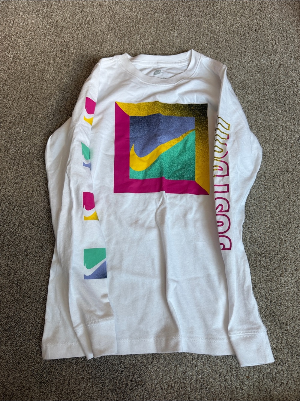 Nike White Long-Sleeve Tee with Multicolor Geometric Swoosh